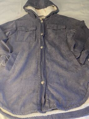 Cozy Hooded Corduroy Shacket in Dusty Blue